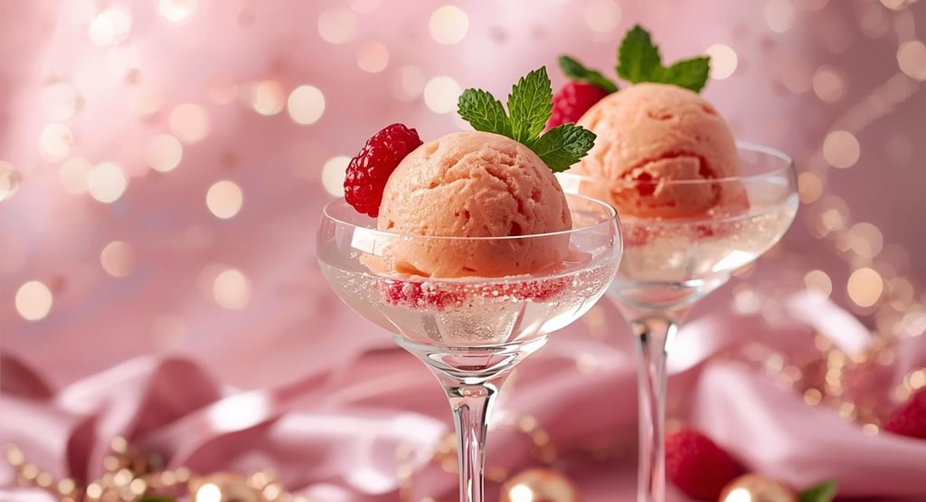 Champagne sorbet served in flutes with raspberries and mint leaves in a festive pink and gold settin