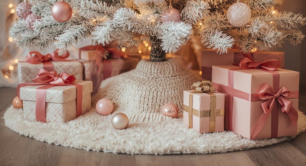 Christmas tree base with faux fur skirt and color-coordinated wrapped gifts in pink and gold.