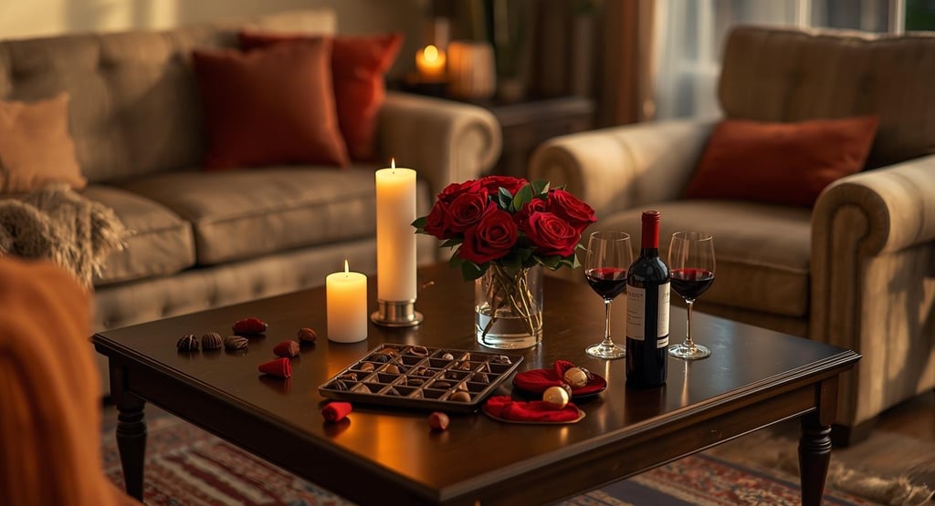 Romantic seating area with candles, flowers, and wine arranged for two.