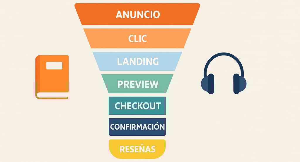 Embudo de marketing en 7 etapas para ebooks y audiolibros, estilo minimalista