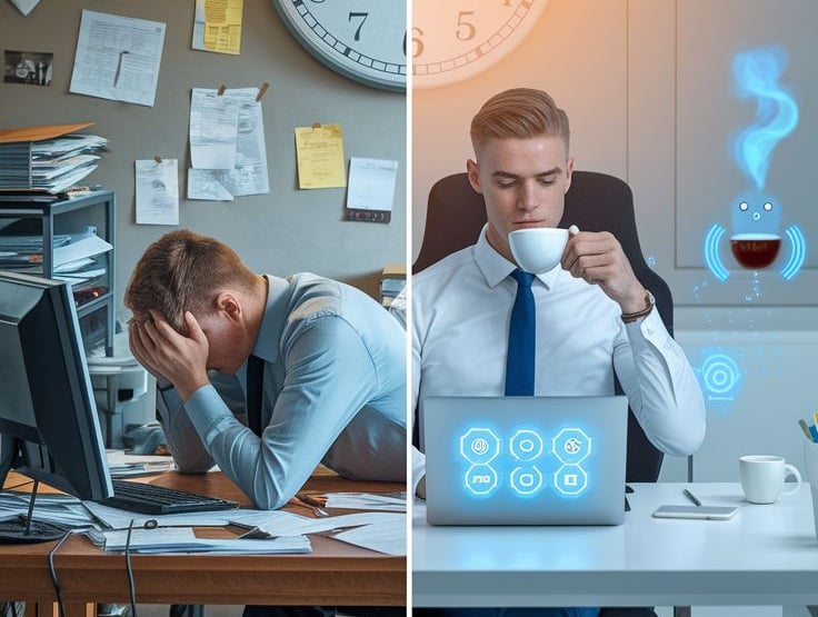 Perbandingan antara karyawan yang stres di kantor berantakan dan profesional yang tenang menggunakan sistem HR digital untuk