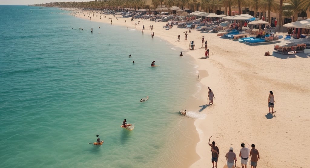 A boat traveling down a river next to a beach