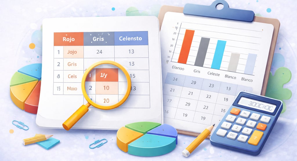 Ilustración de análisis de datos con tabla de frecuencias, gráfico de barras, gráfico circular y calculadora