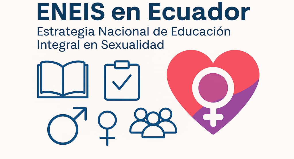 Ilustración sobre la ENEIS en Ecuador con iconos de educación, derechos, género y convivencia, destacando la Estrategia Nacio