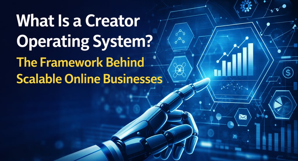 A robotic hand touching a digital interface explaining what is a creator operating system for scalable businesses.