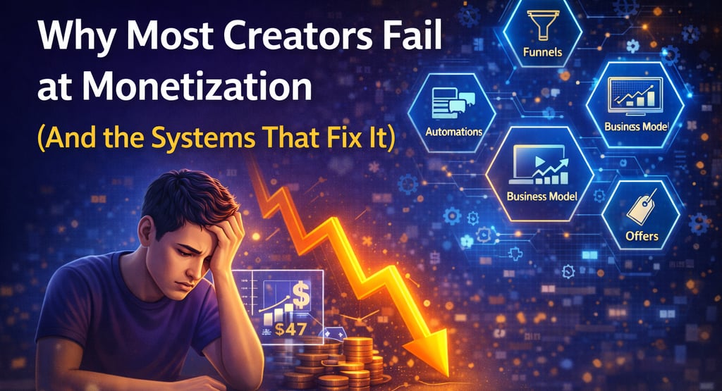 Frustrated creator next to a falling profit arrow and monetization system icons for funnels and automations.