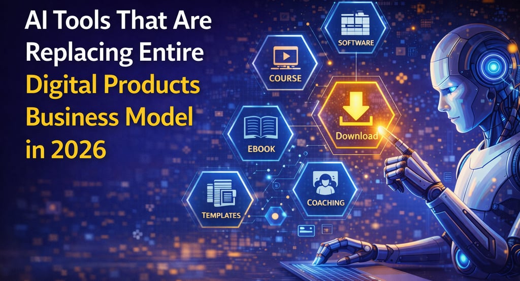 AI robot interacting with digital product icons like courses, ebooks, and software for 2026 business models.