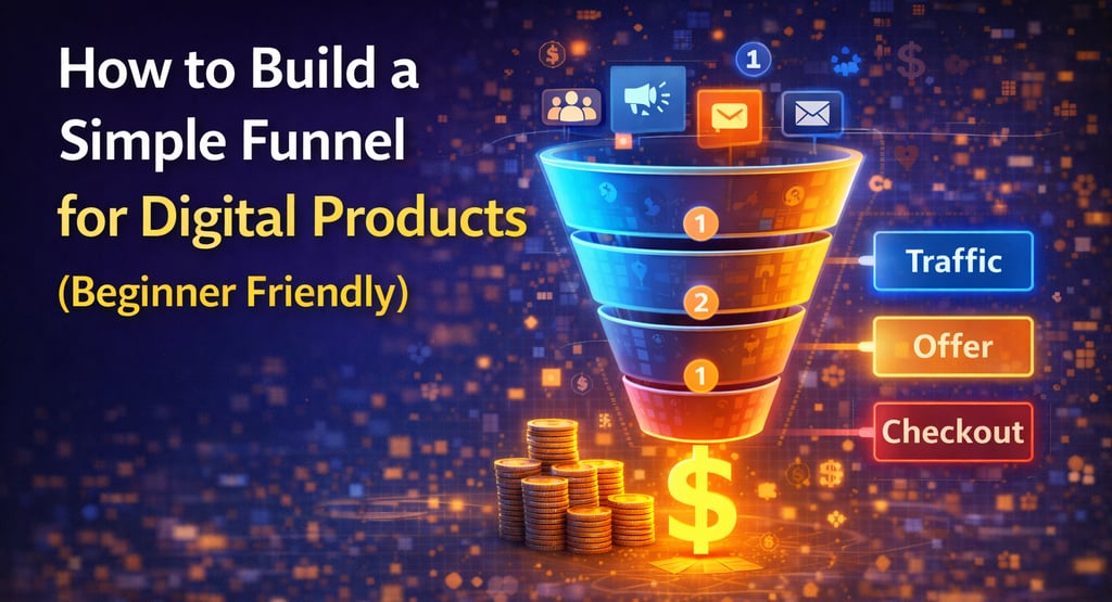 A beginner-friendly guide showing how to build a sales funnel for digital products, featuring traffic and checkout steps.