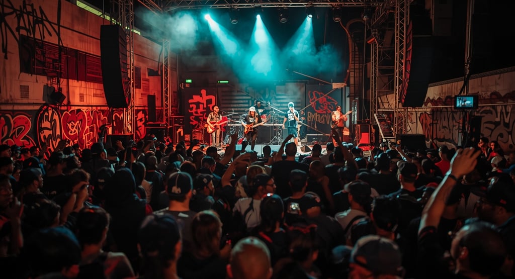 uma banda tocando no palco com uma banda tocando no palco