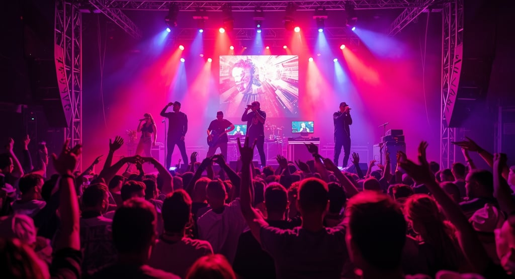 um grupo de pessoas em pé em um palco com as mãos levantadas, grande show
