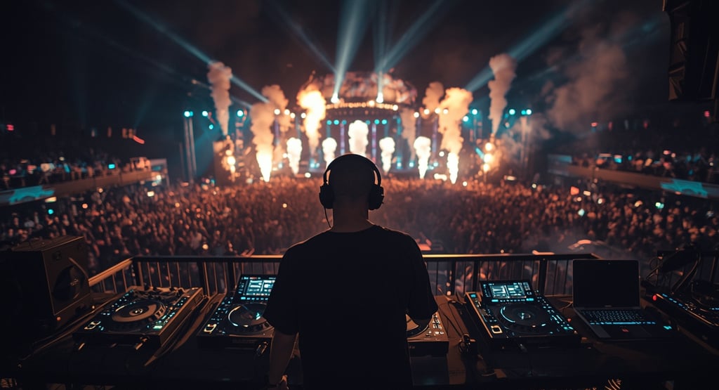 Um DJ mixando música em uma sala grande.