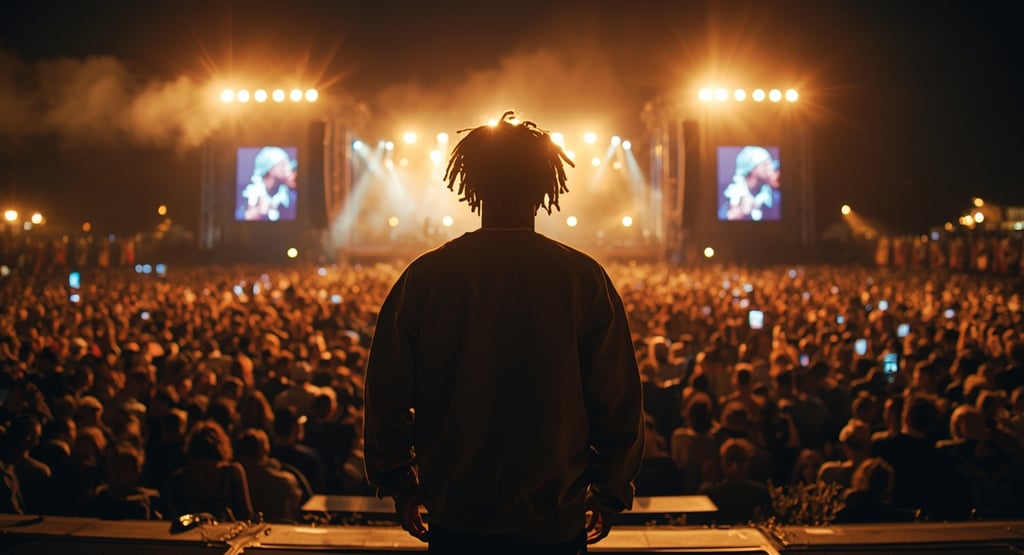 Um homem em pé em frente a um palco com um microfone.