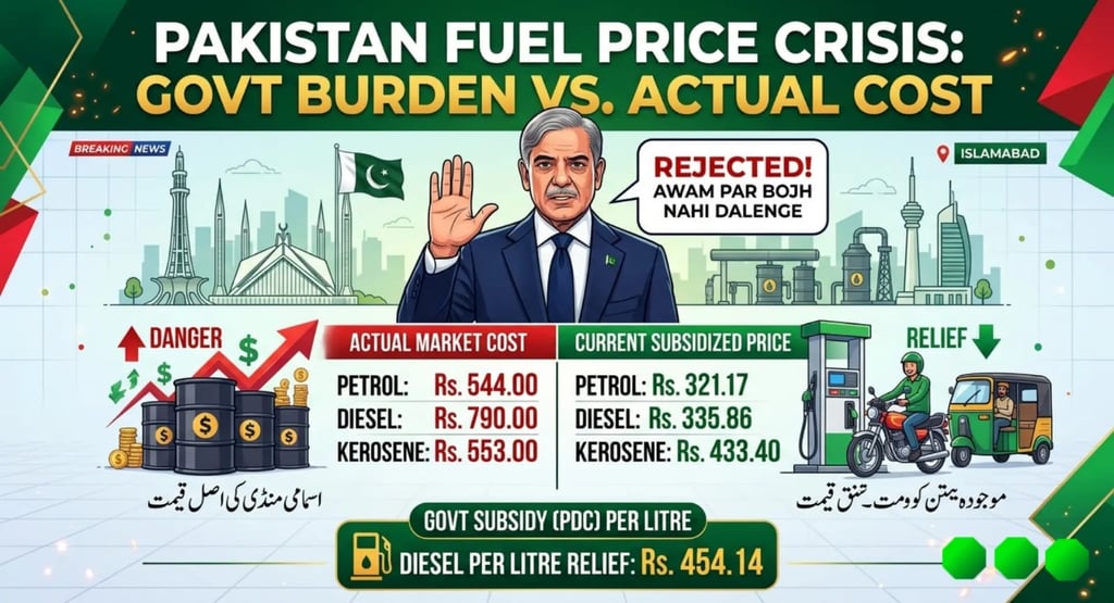 Comparison chart of Petrol and Diesel prices in Pakistan March 2026 featuring PM Shehbaz Sharif rejecting price hike summary.