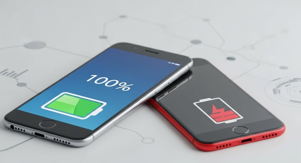 Smartphone moderno com bateria cheia em destaque na tela (ícone de 100%), ao lado de um celular com 