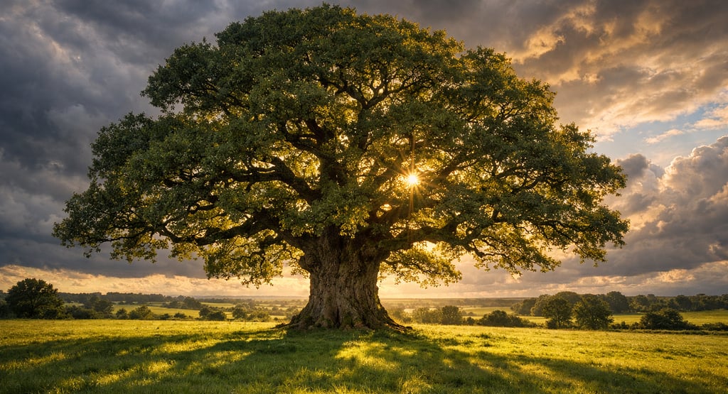 Large ancient oak tree in a green field with golden sunlight shining through branches under a dramatic sunset sky.