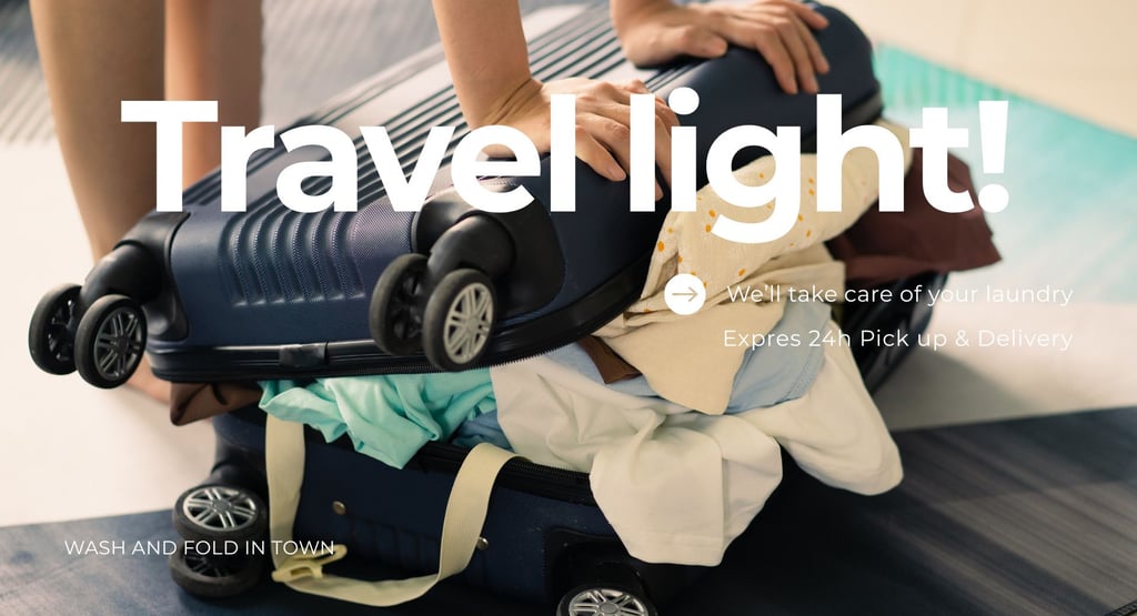 Overpacked suitcase with clothes spilling out, promoting 24h laundry delivery
