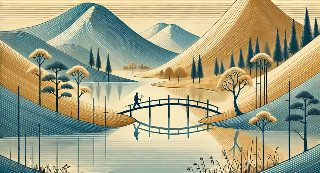 uma ponte de madeira simples e uma figura caminhando lentamente, carregando um ramo de flores