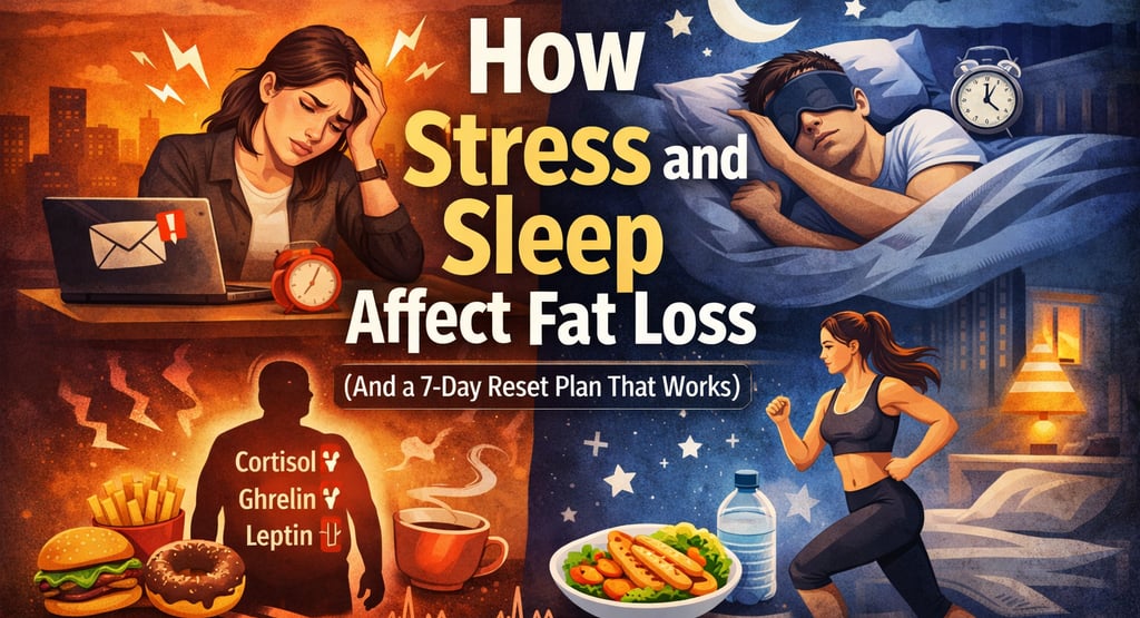 Illustration showing how stress and poor sleep affect fat loss and metabolism.