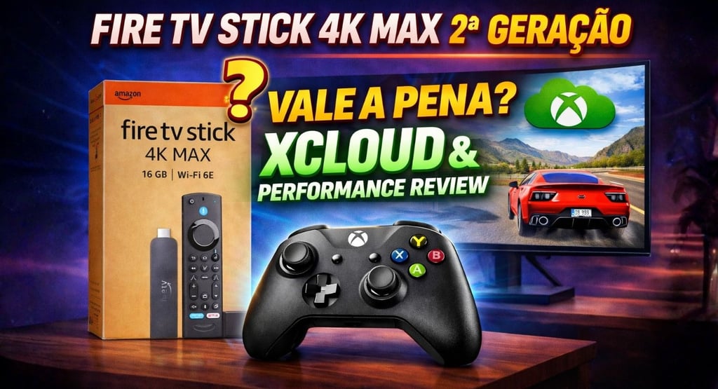 Fire TV Stick 4K Max 2nd Gen box with Xbox controller and XCloud gaming performance review on monitor.