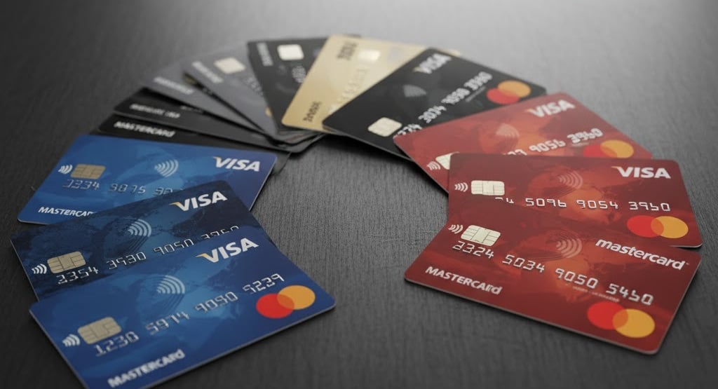 Credit Cards in a pile on a table