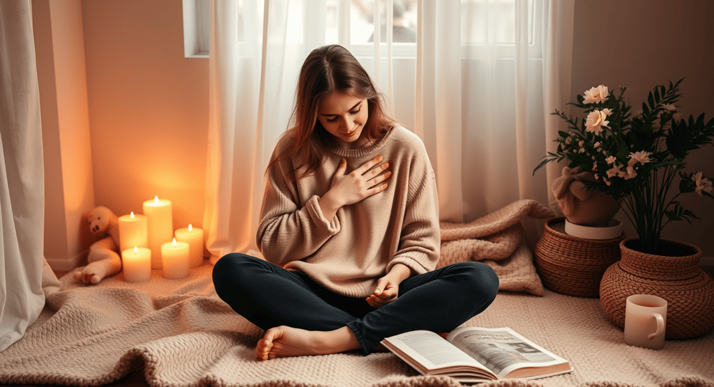 a woman sitting on a blanket in a room