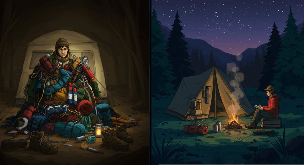 collage of camper that is unorganized and a camper that is organized