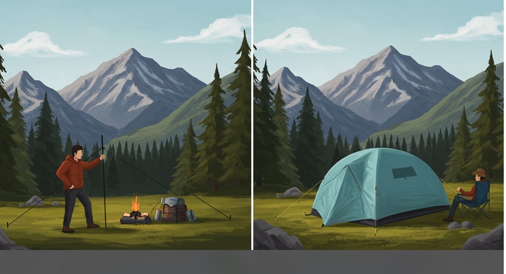 Comparison showing the benefit of easy setup camping gear vs traditional tents for effortless