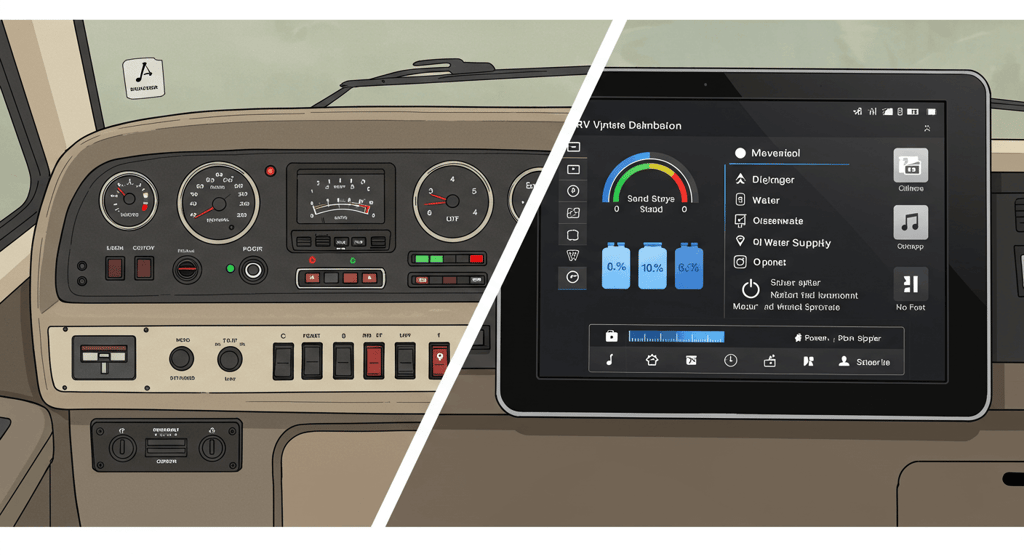 Comparison showing the evolution from old RV controls to modern Smart RV technology interfaces,