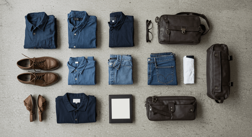 Flat lay of a minimalist men's travel capsule wardrobe. Essential and versatile clothing items
