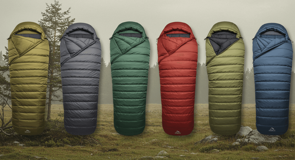 Different types of sleeping bags with a forest back drop