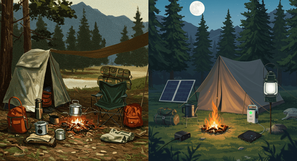 Image of basic camping gear and modern campsite with new tech gear