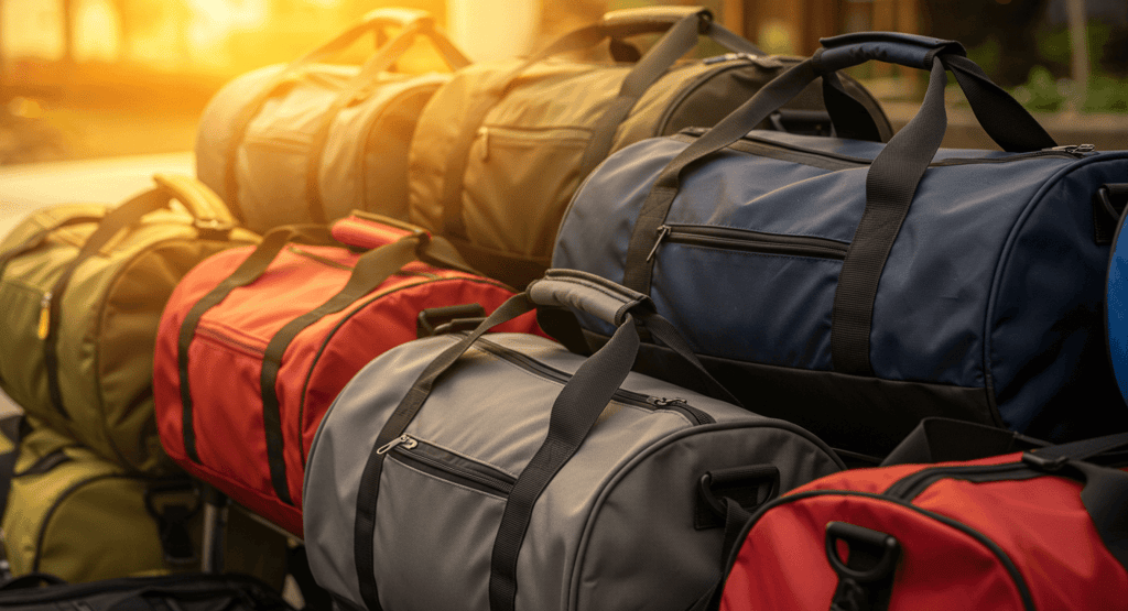 a variety of Duffel bags with an outdoor background