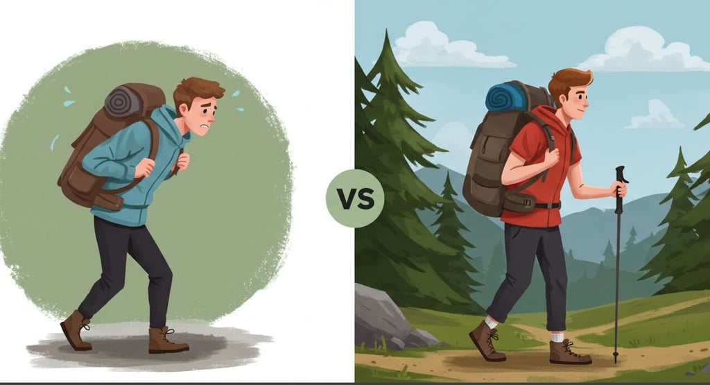 Image of Uncomfortable hiker vs comfortable backpack 