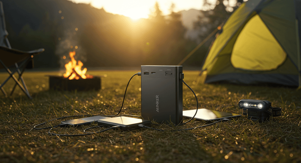Power block at a campsite, showcasing the evolution of camping gear from basic to tech-savvy