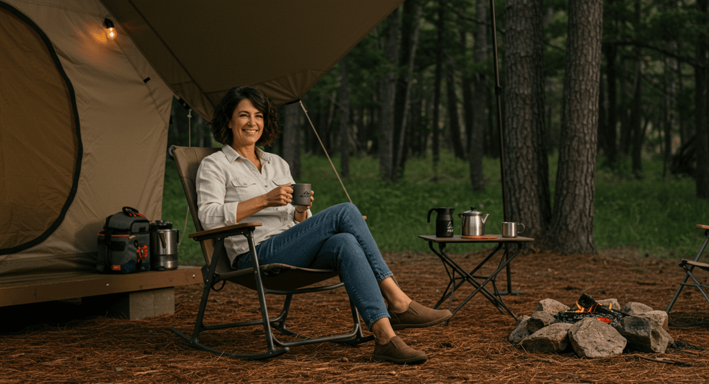 camper enjoying a rocking chair while rocking at a luxury campsite