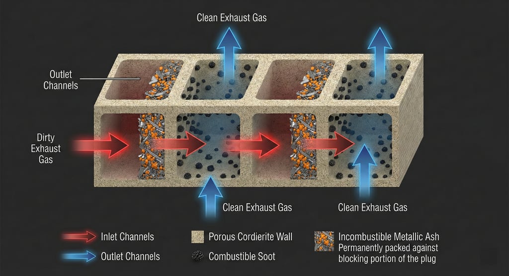 DPF honeycomb cross-section showing exhaust gas flow, trapped combustible soot, and permanent non-combustible ash plugs.