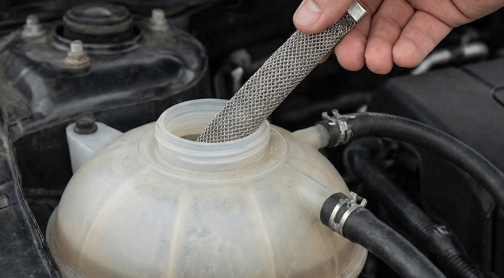 Adding a FuelMarble to a vehicle coolant tank, representing a legitimate fuel-saving technology