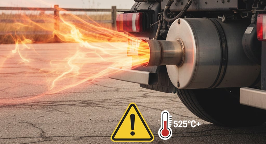 Safety warning graphic of a truck exhaust emitting high-heat gas, labeled 525°C+ with fire hazard alert.