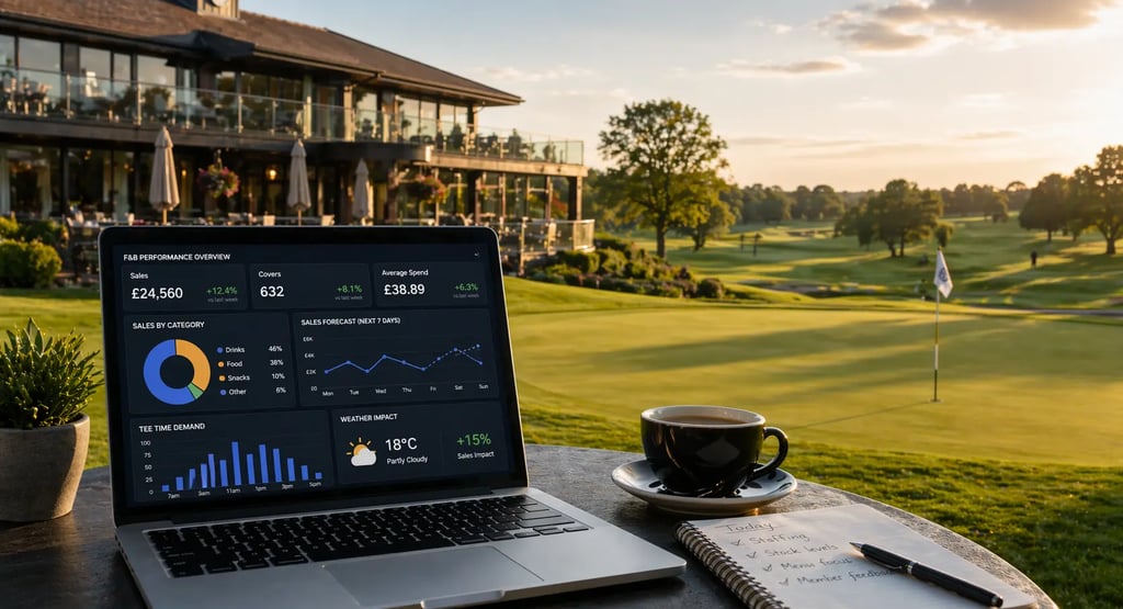 Golf clubhouse and course representing use of AI and data to improve food and beverage profitability in golf clubs