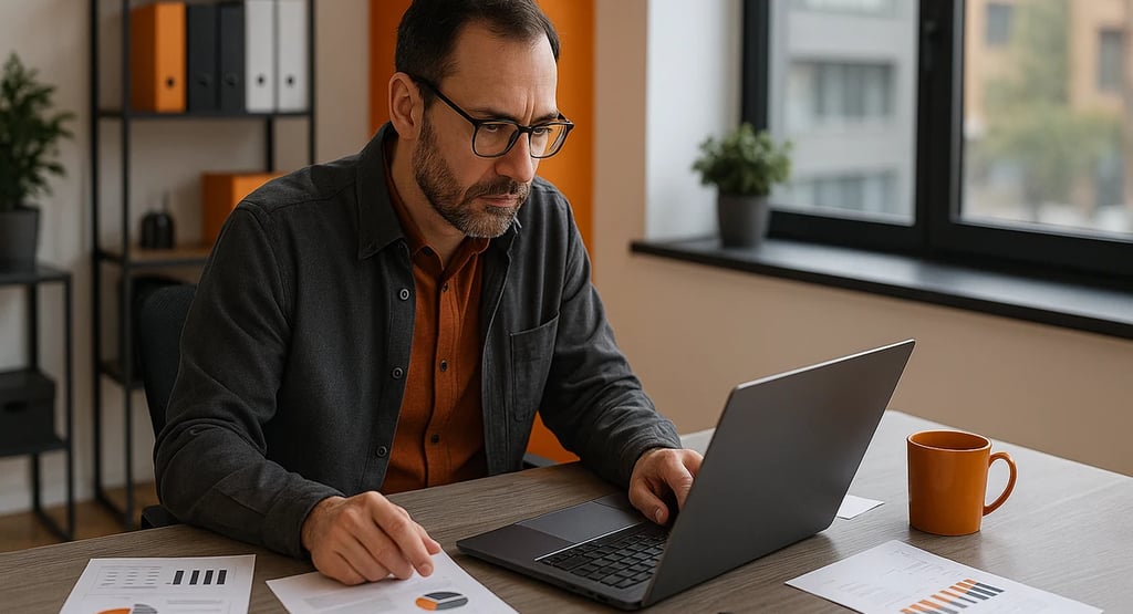 IT Manager reviewing supplier proposals on a laptop in a modern office with orange and black accents