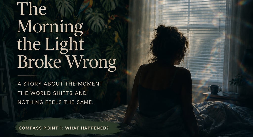 A woman sits upright in bed at dawn, silhouetted against fractured morning light filtering through b