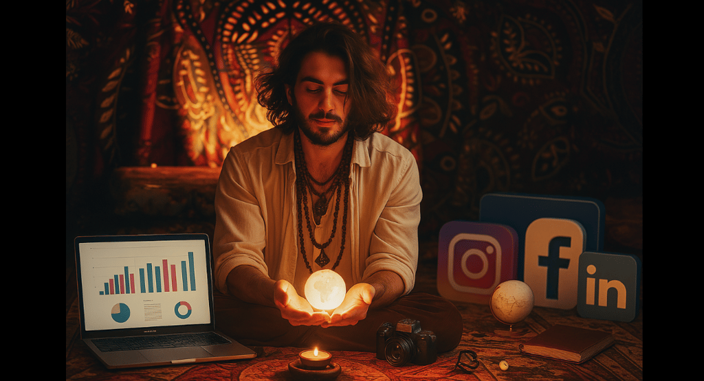 A man is sitting with alchemy crystal laptop and social media icons