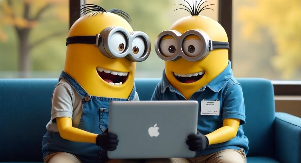 two Minions dressed up nicely working on Laptop
