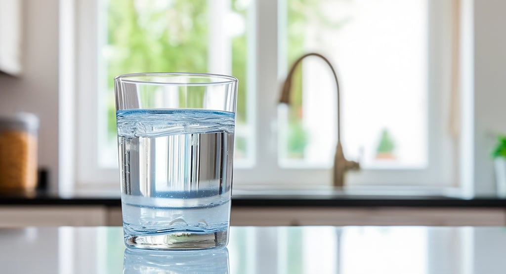 Vaso de agua sobre meseta de cocina