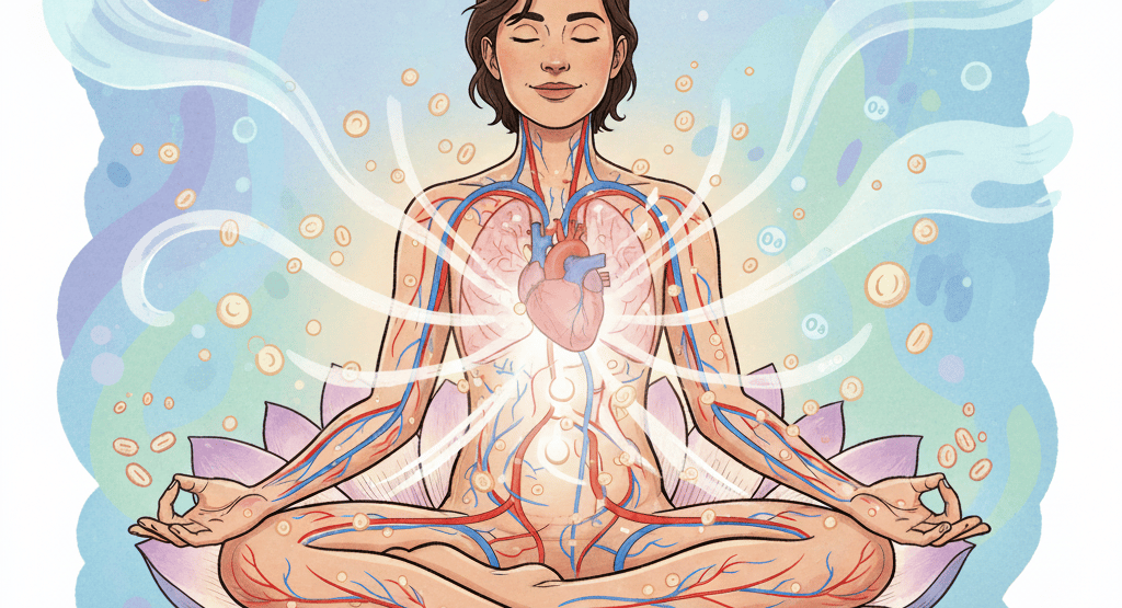 женщина с закрытыми глазами в спокойной позе, внутри её тела показаны лёгкие, сердце и кровеносные с