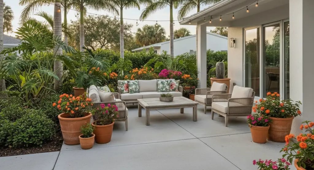 A concrete patio in Hollywood Florida home with cozy furniture and tropical plants and palm trees