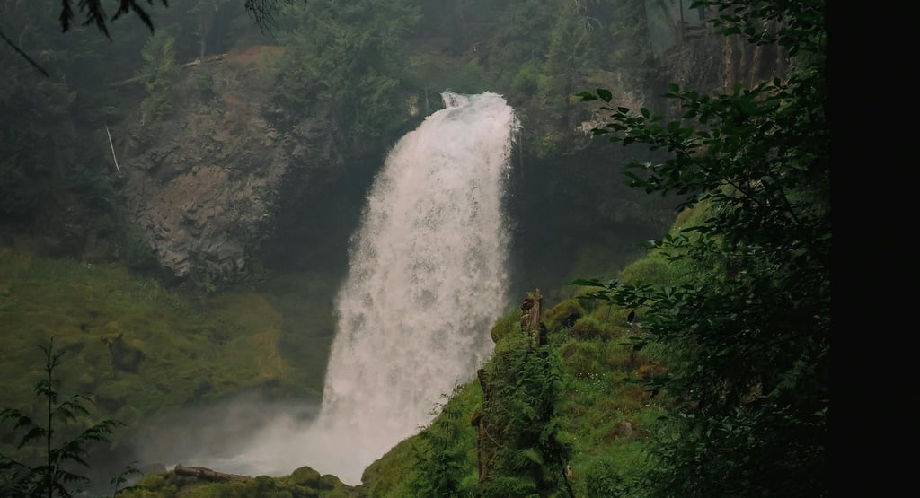 Tall waterfall surrounded by lush forest and cliffs, highlighting natural navigation and water sourcing in the wild