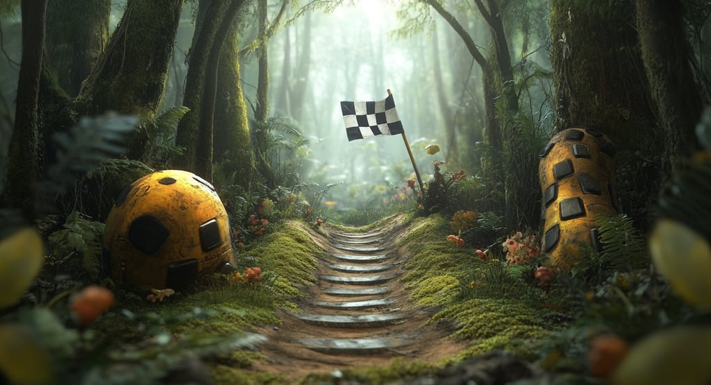 Waldweg mit Zielflagge und grossen Pilzen – lebendige Szene aus dem Wowbook-Blog über Freundschaft, 