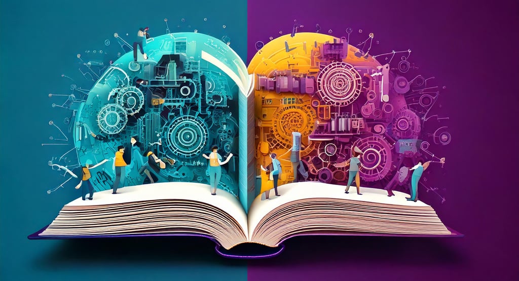 a book opened to show a book with people and machines standing in front of it