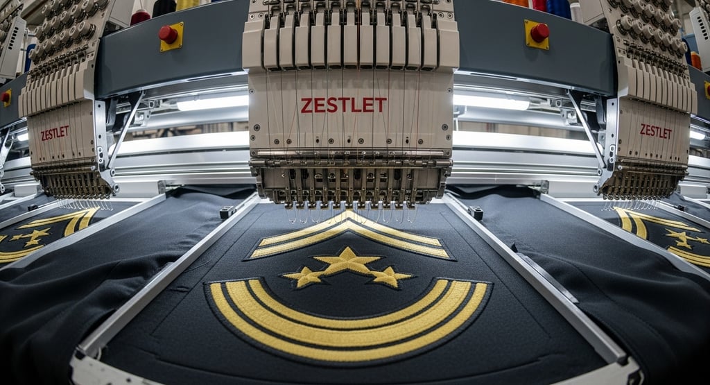 Modern embroidery machine embroidering military rank badges at ZESTLET’s military uniform production facility.